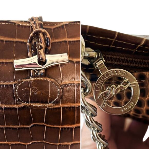Longchamp Roseau Croc Embossed Leather Shoulder Baguette Bag Brown Vintage Y2K - Picture 2 of 10